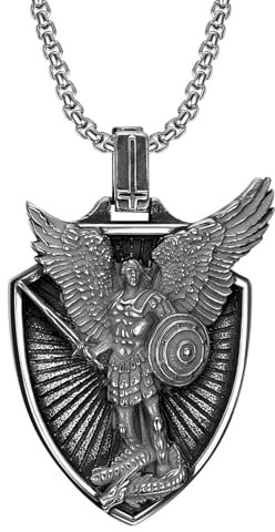 JewelryWe Heiliger Michael Kette Herren: Vintage Edelstahl Erzengel Saint Michael Schild Anhänger Schutzpatron Halskette Religiöses Amulett Schmuck für Männer Frauen Silber
