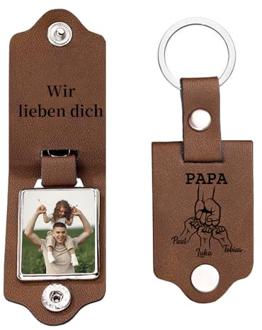 Jeweidea Personalisierter Foto-Schlüsselanhänger für Papa – Leder Schlüsselanhänger mit Namen Gravur zum Vatertag Familien-Schlüsselanhänger Bester Papa Personalisierte Geschenke für Männer
