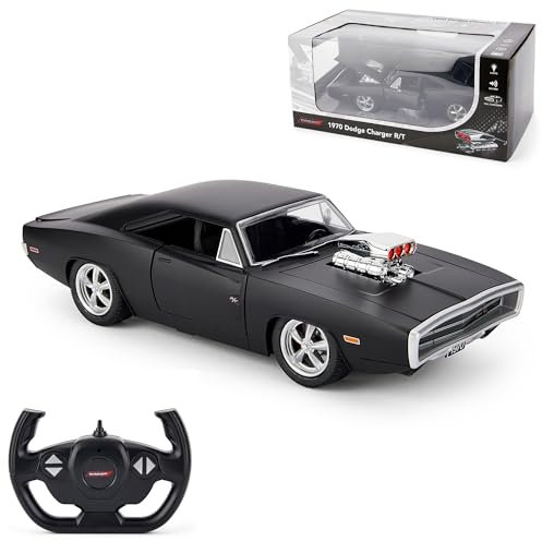 Offiziell lizenzierter RC 1970 Dodge Charger RT, 1:16 Maßstab, Fernsteuerbar mit Soundeffekten, LED-Leuchten, unabhängiger Federung, detailliertem Innenraum – Schwarz