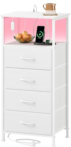Somdot Kommode Schlafzimmer, LED-Licht & Steckdose, 4 Schubladen, Weiß | Schubladenschrank, Stoffschubladen, 2 Steckdosen, 1 USB-A & 1 USB-C Anschluss, Metallrahmen, Wohnzimmer, 30T x 40B x 86,5H