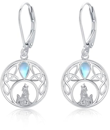 Wolf Ohrringe 925 Sterling Silber Leverback Mondstein Ohrstecker Tier Ohrringe Creolen Wolf Ohrringe Hypoallergene Weihnachten Schmuck Geschenke für Damen