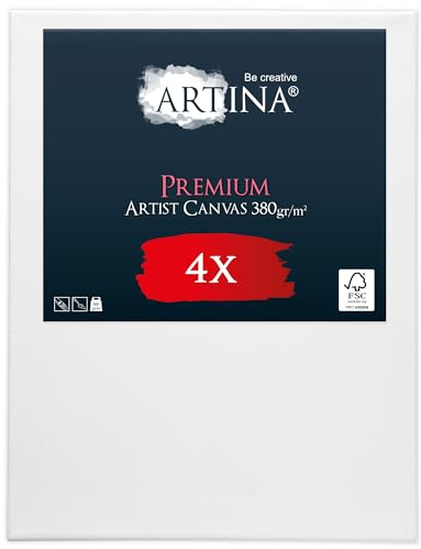 Artina Lot de 4 Premium 3D Canvas Toile Peinture 50x70 cm – FSC® Châssis Bois pour Toiles 100% Coton 380 g/m² sans Acide – Tableau a Peindre Blanche Peinture Stable Cadre Apprêté 3 Fois