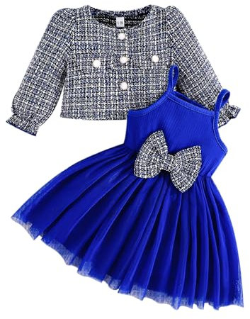LUVCES Ensemble Bébé Fille Tutu Robe et Cardigan Sets 2 Pièces Elégante sans Manches Nœud Papillon Tulle Robe et Manche Longue Cardigan Vêtements Tenues Bleu 12-18 Mois