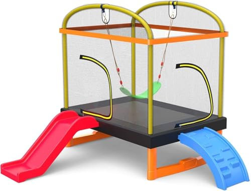 PILIN Trampoline, Trampoline Carré avec Toboggan Et éChelle d'escalade, Filet De SéCurité, Coussin, BalançOire Inclus, Utilisation IntéRieure Et ExtéRieure, Cadeau d'anniversaire pour Les Enfants.
