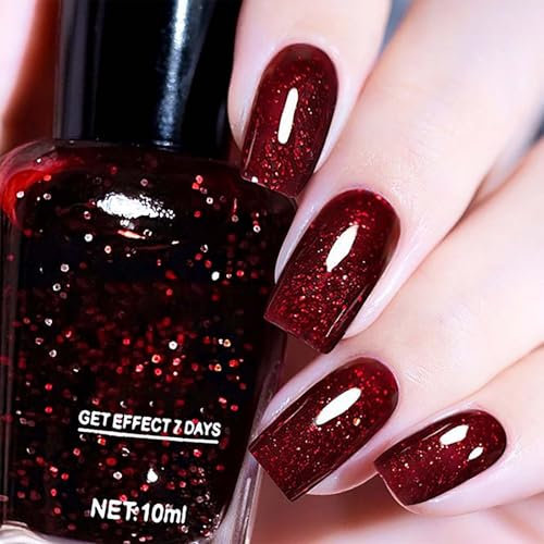 Sparkling Wine Red Nail Polish - Quick Dry, Chip-resistant & Long-lasting Burgundy Nail Varnish - Perfect for Home Nail Art - Non-bake Formula gives a Glittery Shine