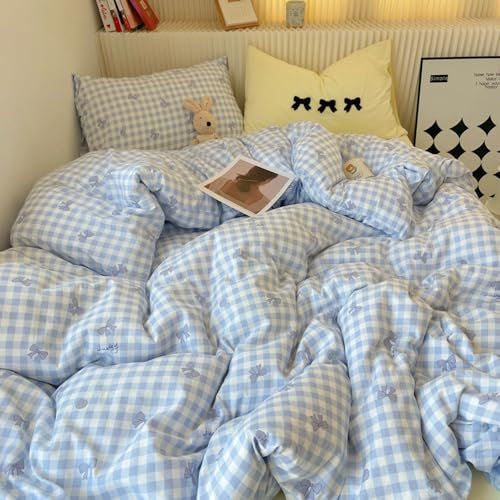 Nyescasa Housse de Couette 200x200 Bleu à Carreaux Vichy Motif Nœud Papillon Moderne Parure de lit Adulte 2 Personnes en Microfibre Housse Couette avec Fermeture Éclair et 2 Taies d'oreiller 65x65 cm