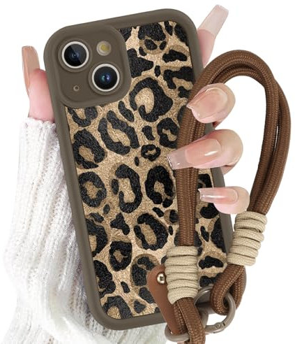 Yirlbey Coque pour iPhone 13 avec Cordon de Bracelet, Silicone Étui avec Aesthetic Brun Léopard Motif Design, Antichoc Bumper Protection Housse avec Lanyard Cover Case pour iPhone13 6,1, Vache