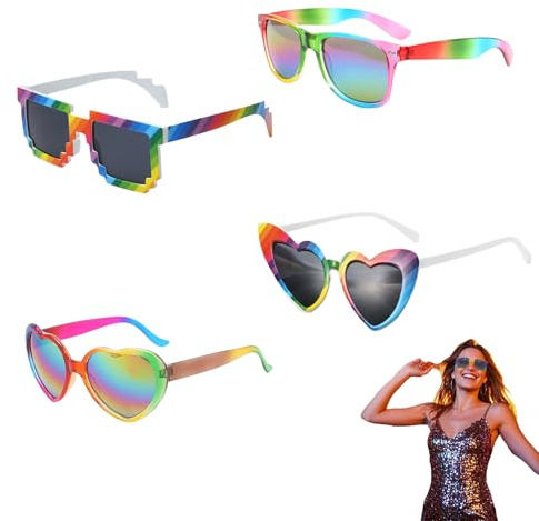 Regenbogen Retro Sonnenbrillen, Regenbogenbrillen Regenbogen Accessoires Set für Damen und Herren – 4er Set bunte Sonnenbrillen, Herzform, Retro-Stil, Partybrillen, Festival-Accessoires