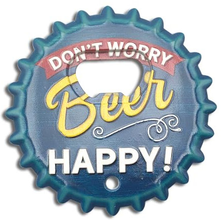 Abrebotellas con forma de tapón de corona – Diseño magnético 8,5 cm – Abridor de botellas con imán para nevera y agujero para pared – Accesorio para casa, bar, cocina y regalo original (HAPPY)