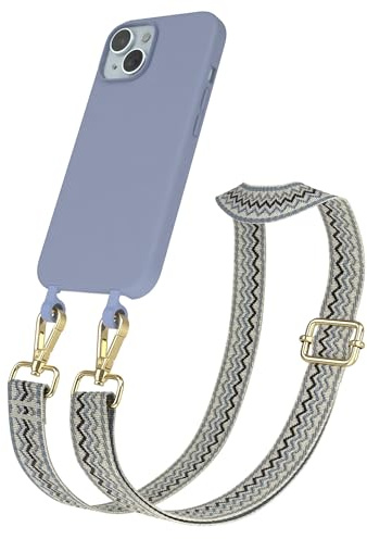 EAZY CASE - Hülle mit Band kompatibel mit iPhone 15 Handyhülle für iPhone 15 Schutzhülle Silikonhülle mit Mikrofaser Handykette zum Umhängen 2in1 Hülle Handykordel Wellen - Beige Blau Metall Gold