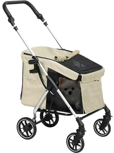 PawHut Hundewagen leicht Hundebuggy aus Aluminium klappbar für Hunde & Katzen Katzenbuggy mit Kissen Netzfenstern Türen Aufbewahrungskorb Katzenwagen Mini-Hundewagen für kleine Hunde Khaki