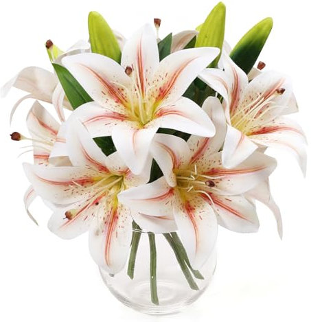 merakdoira Künstliche Lilien, 6-teiliges Set, 12 Blüten und 6 Knospen, künstliche Blumen, Hochzeit, Zuhause, Büro, DIY, Grab, künstliche Blumen (weiß)