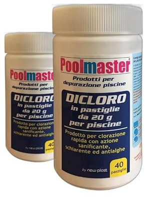 New Plast 0530 - Dicloro in Pastiglie da 20 g Polifunzionale per Acqua Piscina, Barattolo 40 Pastiglie, 1Kg (dicloro, 2)