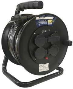 Cable eléctrico enrollable 50m con 4 tomas IP44, 3x1.5mm², 16A carrete extensible para uso exterior e interior