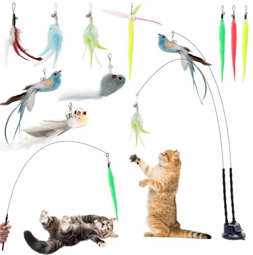 AiQInu 13 Stück Katzenspielzeug Interaktive, Katzen Katzenangel mit 2 Saugnäpfen, Glöckchen Vögeln Feder Raupe Katzen Spielzeug, Intelligenz Spielzeug für Katzen Zauberstab