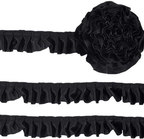 GORGECRAFT 10 m × 4cm Plissee Stoff Spitzen Satin Besatzband Rüschenrandband Polyester Spitzenrandbesatz Fransendekoration Für Kleidung Dekoration DIY Nähen Basteln (Schwarz)