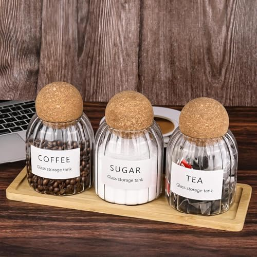 CTDMJ Tea Coffee and Sugar Canisters Set - Set of 3 Cork Ball 500ml Glass Jars,with Twooden tray, Tea Coffee Sugar Canisters, Teas Coffees Sugar Storage Set Decorative Storage Tins for Home Kitchen