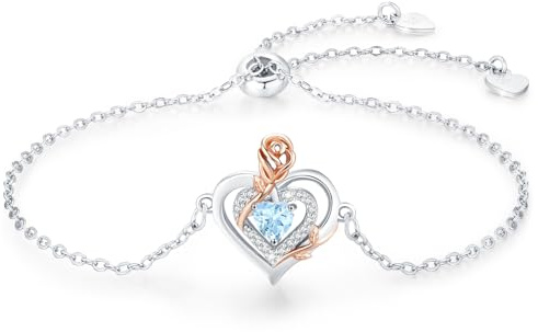 LAVUMO Doppelherz Rose Armband Damen Silber Geburtsstein Armbänder Frauen | 925 Echt/Messing Schmuck Geburtstags Muttertags Geschenke für Frauen Freundin Verstellbar Armkette