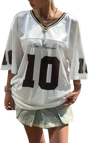 Fronage Jersey Tops for Women UK Oversized Basketball T Shirts Y2K Half Sleeve V Neck Letter Aesthetic Streetwear White