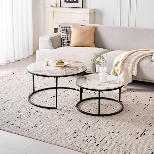 GrandCA HOME Ensemble de 2 Tables Basses Rondes, Tables Gigognes de Salon Modernes, Structure en Métal Noir, 50 cm et 70 cm, en Marbre Pandora et Pierre Frittée