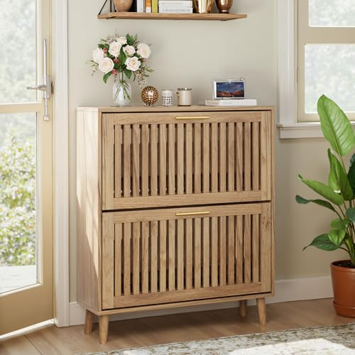 Smart FENDEE Shoe Storage Cabinet with 2 Flip Slatted Drawers, Narrow Wood Shoe Cabinet with Gold Handle, Hidden Entryway Shoe Organizer for Hallway, Foyer, Natural Oak