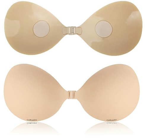 CURLADY Women's Invisible Strapless Bras, Reusable Stick On Bra Skin-Friendly Sticky Push Up Bra Adhesive Bra for Party, Bar, Wedding, Beach, and Everyday Wearing Backless Bras for Women