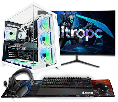 NitroPC - Pack Nitro Plus | PC Gaming Completo (Intel i9 12900K 16/24 5.2GHz, RTX 5070 12GB, RAM 32GB, M2 2TB, Windows 11, RGB | WiFi, Monitor Curvo 27, Teclado, ratón, Cascos) PC sobremesa (Blanco)