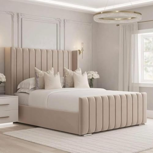 J&S BEDS Yarno Ottoman Bed Frame with 48 Headboard – Upholstered Panel Gas Lift Storage Bed – Premium Lift-Up Storage (4ft6 Standard Double - Bed Frame with Slatted Base, Cream)