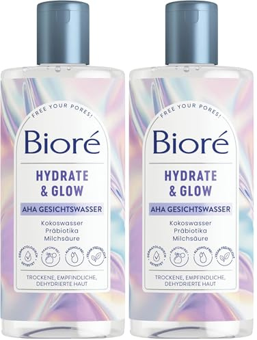 Bioré Hydrate und Glow - AHA Gesichtswasser - Inhalt: 235 ml - Hauttyp: trocken, empfindlich, dehydriert - Mit Kokoswasser, Präbiotika nd Milchsäure (Packung mit 2)