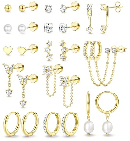 Adramata Ohrringe Gold Set Chirurgenstahl Ohrringe für Damen Hypoallergen Ohrring Creolen Ketten Ohrring Hängend Flatback Medizinische Ohrstecker Set Gold Silber Knorpel Conch Tragus Helix Piercing