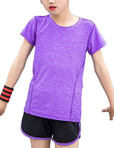 Echinodon Mädchen Sport-Set Schnelltrockend Shirt + Shorts Anzug für Yoga Jogging Training Violett 130