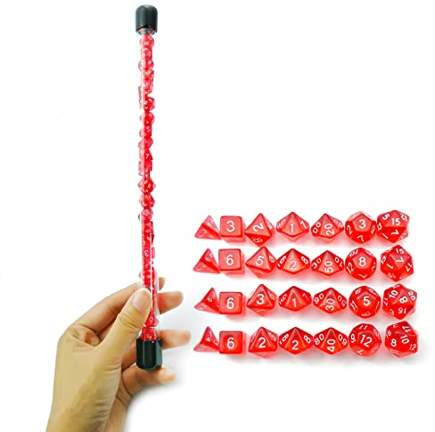 Bescon 28pcs Translucent Red Mini Polyhedral Dice Set in Tube, Ruby Dice Dungeons and Dragons 4X7pcs, Mini Ruby Gem Dice Set