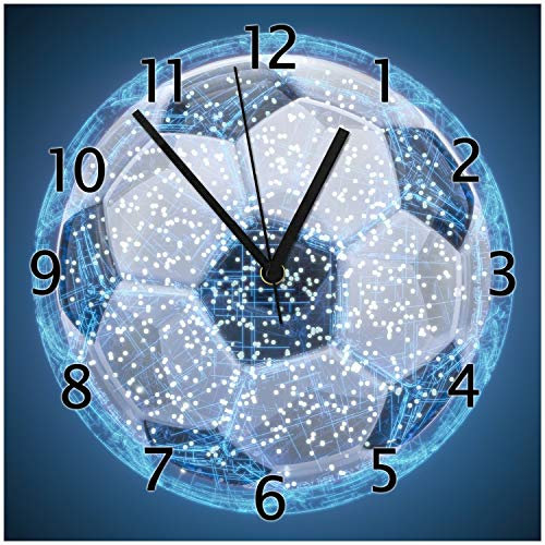 Wallario Design-Wanduhr Fußball digital - Netzwerk in blau aus Glas, Motiv-Uhr Größe 30 x 30 cm, Schwarze Zeiger