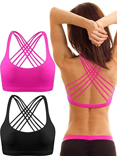 Gepolsterter Sport-BH für Damen, gekreuzter Rücken, Racerback-BH, Workout, Riemen, sexy BH, nahtlos, bequem, Yoga-BH, 2 Stück, Schwarz/Pink, M