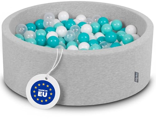 KiddyMoon Bällebad 90X30cm/300 Bälle ∅ 7Cm Bällepool Mit Bunten Bällen Für Babys Kinder Rund, Hellgrau:Helltürkis/Weiß/Transparent/Türkis