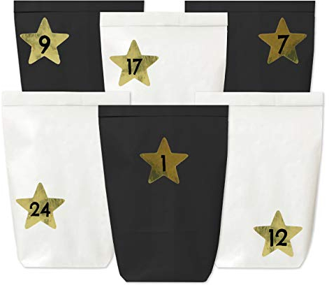 Papierdrachen Adventskalender zum Befüllen - 24 Papiertüten in schwarz und weiß sowie 24 Zahlenaufkleber (goldene Sterne) - zum Selbermachen und Befüllen - Mini Set 54 - Weihnachten