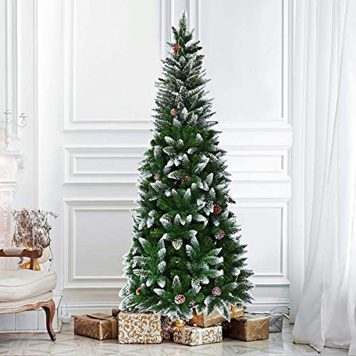 SPSUPE Künstlicher Bleistift, Weihnachtsbaum, Schneeflockt, mit Metallständer, Tannenzapfen, Dekoration, ideal für Festivals, Innen- und Außendekoration, 17,8 cm, Grün
