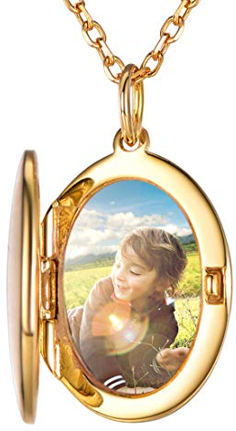 SILVERCUTE Damen Foto Gravur Kette 925 Silber 18k vergoldet personalisiert Oval Medaillon zum Öffnen mit Rolokette Bilder Amulett Schmuck für Mädchen einziges Valentinstag