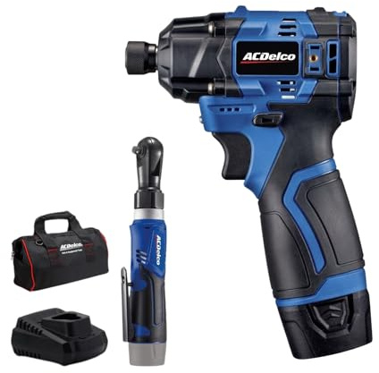 ACDelco G12 Series 12V Cordless Power Tool Combo Kit: 1/4 Hex Brushless Impact Driver (170 Nm) & 3/8 Ratchet Wrench (45 Ft-lbs) with 2.0Ah Li-ion Battery and Intelligent Fast Charger - ARW1209-K15