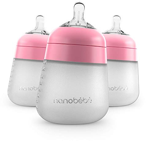 Nanobebe Flexy Silicone Baby Bottles, Anti-Colic, Natural Feel, Non-Collapsing Nipple, Non-Tip Stable Base, Easy to Clean, 3-Pack, Pink, 270ml