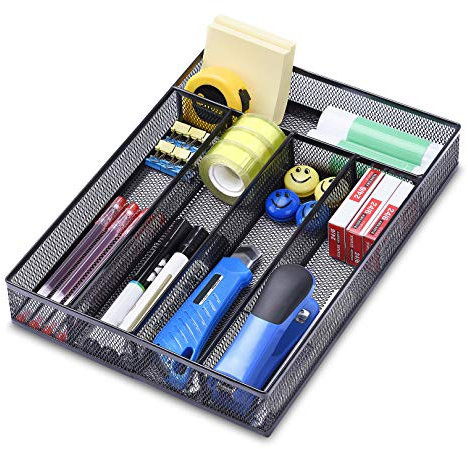 WuGeShop Schreibtisch Organizer Schubladen Metall 5 Fächer, Schubladeneinsatz Büro Tablett für Aufbewahrung von Kunstbedarf, Schreibwaren, Schwarz