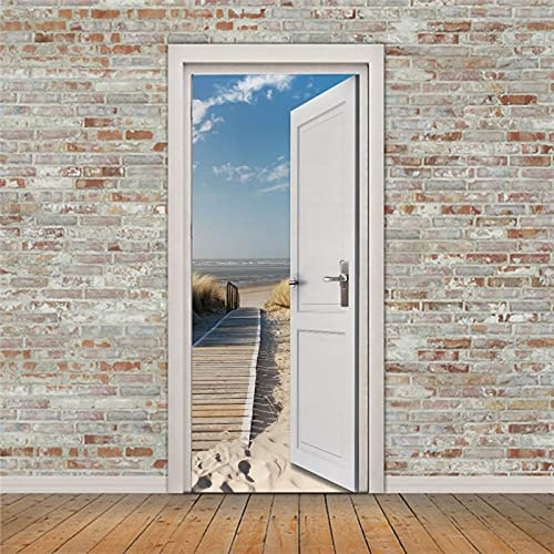 A.Monamour Türtapete Selbstklebend Türfolie Türposter 3D Weiße Türen Öffnen Sich Zum Strand Am Meer Vinyl Folie Türdeko Tapete Wandbild Türaufkleber Türtattoo 85 x 200 cm