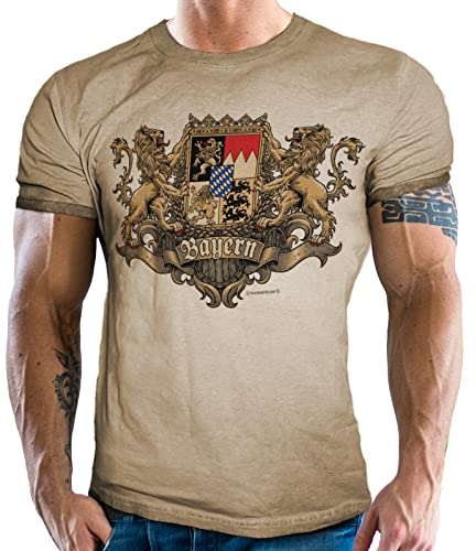 Herren Trachten T-Shirt im Vintage Retro Used Look - Für echte Bayern Fans: Königliches Bayernwappen