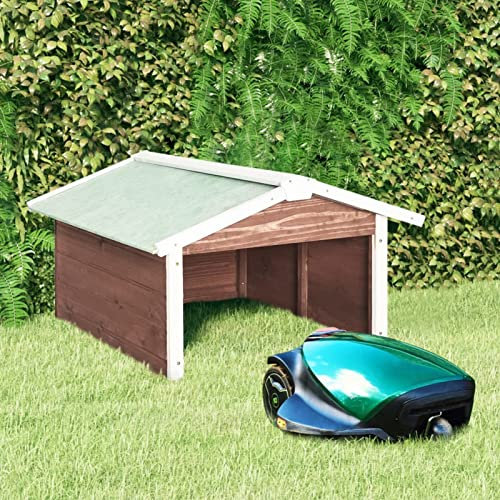 Susany Garage für Rasenmäher Roboter, Mähroboter Garage Dach Carport Überdachung für Rasenroboter Rasenmäher, 72x87x50 cm Mocca und Weißes Tannenholz