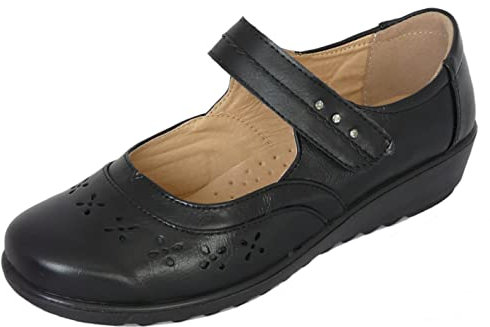 Cushion Walk EEE Wide Fit Womens Ladies Lightweight Black Faux Leather Mary Jane Flats, Casual Work Office School Comfort Shoes (4 UK, Black)