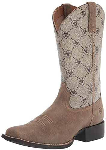 BMVY9 Womens Round Up Wide Square Toe Western Boot Brown Bomber/Ariat Logo 11
