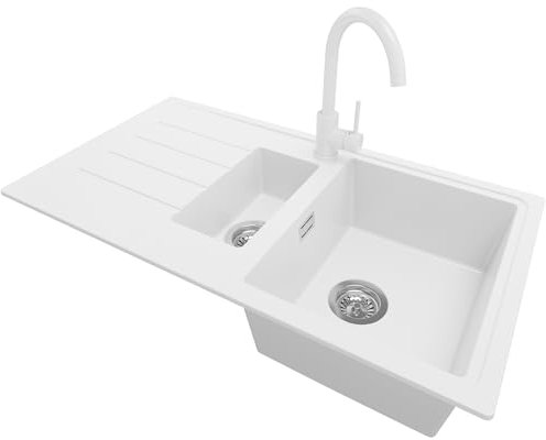 PRIMAGRAN Fregadero Granito Blanco 90x50cm, Cocina 1,5 Senos + Grifo 32x20cm + Sifón, Sobre encimera al mueble 60cm - Copenhague Duo