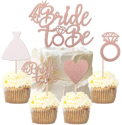 25 Stück Die zukünftige Braut Cake Toppers Glitter Bride Geburtstag Tortendeko Heart Ring Dress Kuchendekoration für Verlobung Junggesellenabschied Hochzeit Brautdusche Party Dekoendeko Roségold