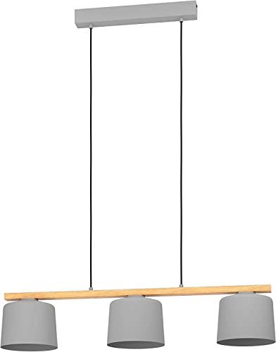 EGLO Pendelleuchte Esstisch Mariel, 3-flammige Hängelampe für Wohnzimmer und Esszimmer, Esszimmerlampe aus Metall in grau und Holz in Natur, FSC100HB, Lampe hängend mit E27 Fassung
