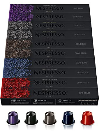 Nespresso Original Selección de Cafés Intensos, 100 Cápsulas (20 Ristretto, 20 Arpeggio, 20 Roma, 20 Kazaar y 20 Napoli) para Máquina de Café, Cafetera, Tueste Intenso